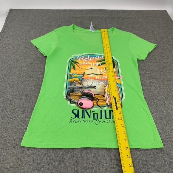 Gildan Heavy Cotton Neon Green Graphic T-Shirt Small V-Neck "Relaxin in the Sun - Picture 5 of 13